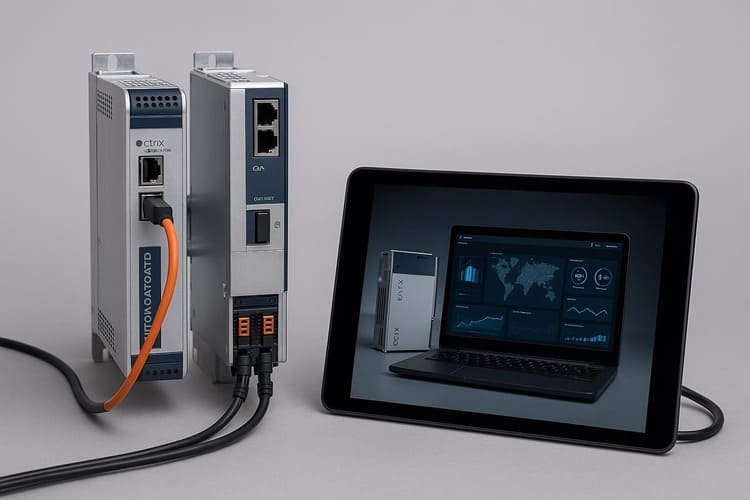 Industrial ctrlX AUTOMATION hardware with connected modules and cables on a neutral background