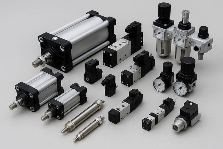 Assorted pneumatic components including cylinders, valves, and pressure regulators arranged on a light surface