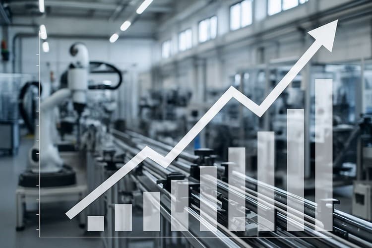 Modern industrial environment with data graphs illustrating investment growth and innovation