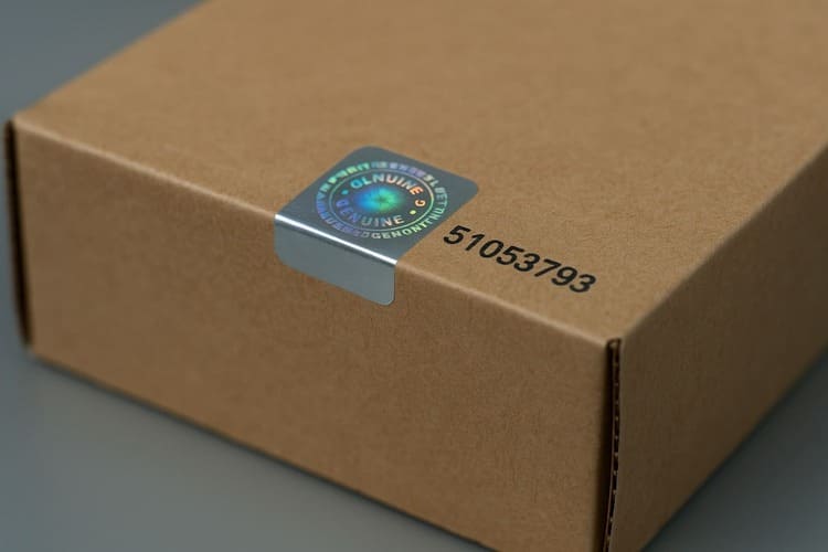 Close-up of product packaging with a holographic security label and visible serial number